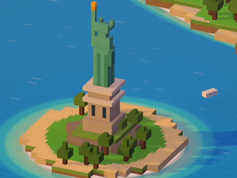 The Statue of Liberty on its island in afternoon light