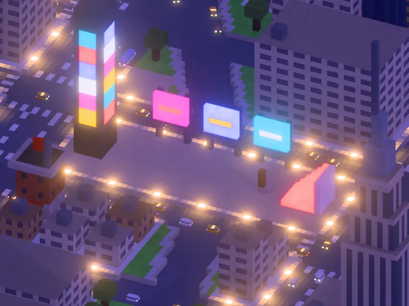 Times Square at dusk, its billboards and street lamps lit